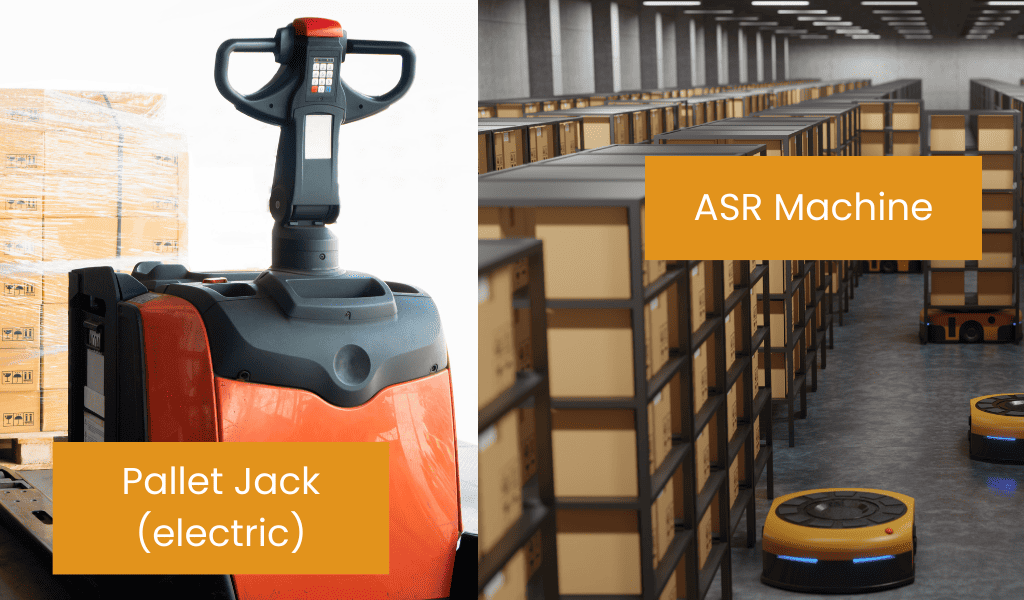 Warehouse Operations Machine Handling Equipment in the warehouse - ASR machines and electric pallet jack